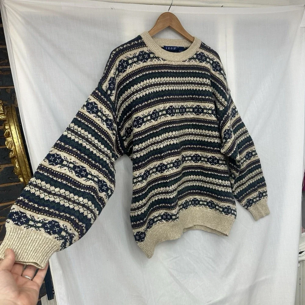 Vintage IZOD Sweater XL Beige Fair Isle Cotton Crewneck Knit Pullover Stripes